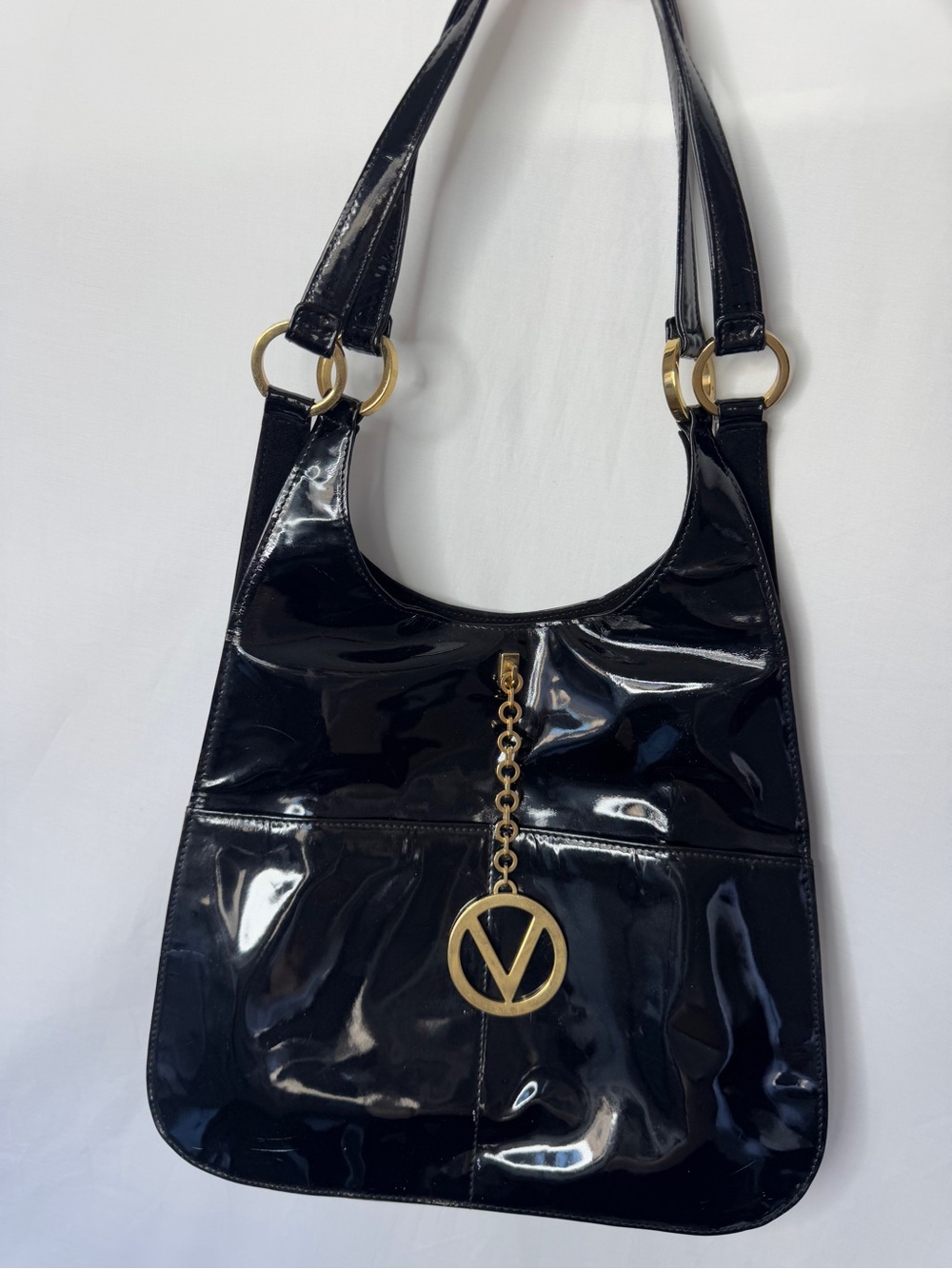 Valentino Garavani Black Patent Shoulder Bag with Gold Logo Dangling Accent